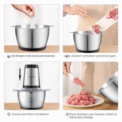 Foto von AMZCHEF Zerkleinerer Küche Elektrisch, 500W Multizerkleinerer mit 1,5L Edelstahlschüssel, 2 Geschwindigkeitsstufen, 4 Klingen für Fleisch, Gemüse, Zwiebel, Obst, Sicherheitsfunktion