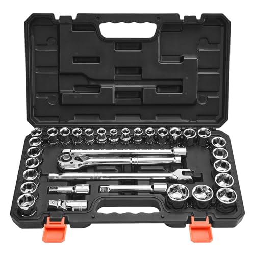 Image of VEVOR Socket Set, 33 Pieces, 1 /2 inch Drive Socket and Ratchet Set, SAE and Metric, Mechanic Tool Kit with Ratchet Wrench, Extension Bar and Storage Case, CR-V Alloy Steel, for Automotive Repair