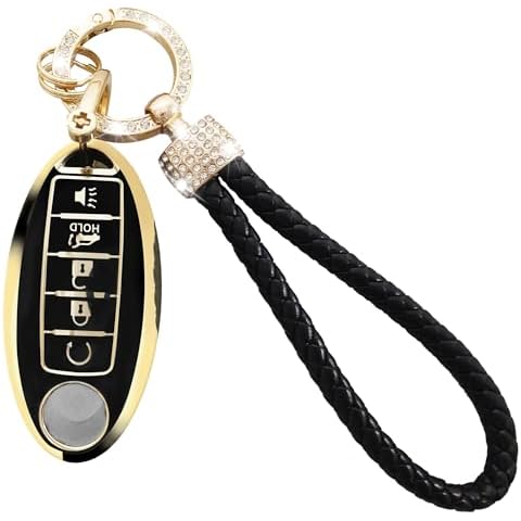 LORYVAN for Nissan Key Fob Cover with Bling Crystal Keychain, TPU Car Key Shell Fit Compatible with Nissan Altima Pathfinder Maxima Rogue Sentra Key Protector Holder-5 Bottons (Black) Cover
