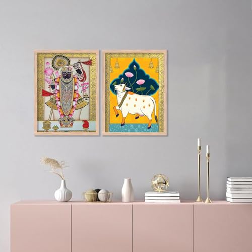 Image of kotart Traditional Indian Wall Art Painting Set of 2 | Kamdhenu Cow Design | MDF Wooden Framed Spiritual Wall Decor for Living Room, Pooja Room & Home (Art 4, 25x37 Inch)