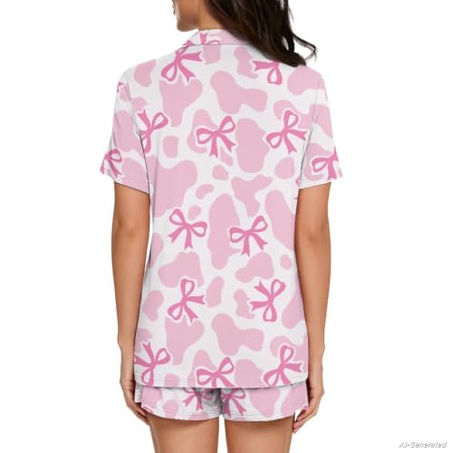 Image of Renewold Button Down Womens Pajama Set Short Sleeve Loungewear Bow Nightwear Sleepwear Night Suit Tops Shorts 2 Pieces