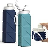 BEAUTAIL Collapsible Water Bottles 20.6oz 2 Pack, Silicone Foldable Portable Water Bottle, BPA-Free, Leakproof Reusable for Travel Camping Hiking Cycling Yoga Sports Outdoor (Blue+DarkBlue)
