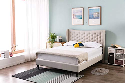 Home Life Premiere Classics Cloth Light Grey Linen 51" Tall Headboard Platform Bed with Slats Queen-5 Year Warranty 0051, Beige