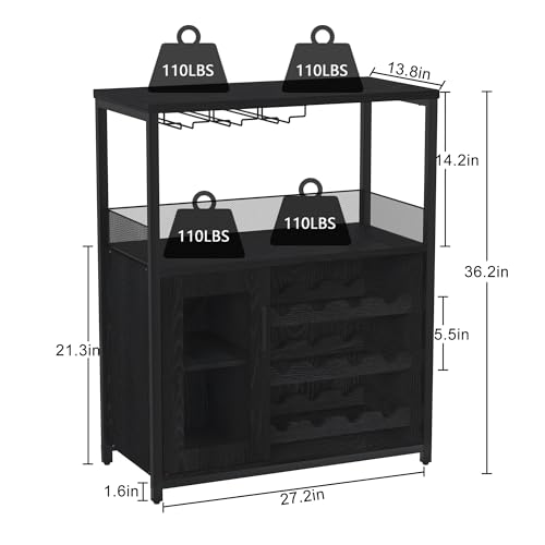 Image of IDEALHOUSE 3-Tier Wine Bar Cabinet with Detachable Wine Rack and Storage Space, Buffet Cabinet with Glass Holder and Mesh Door, for Kitchen, Living Room and Bar (Black)