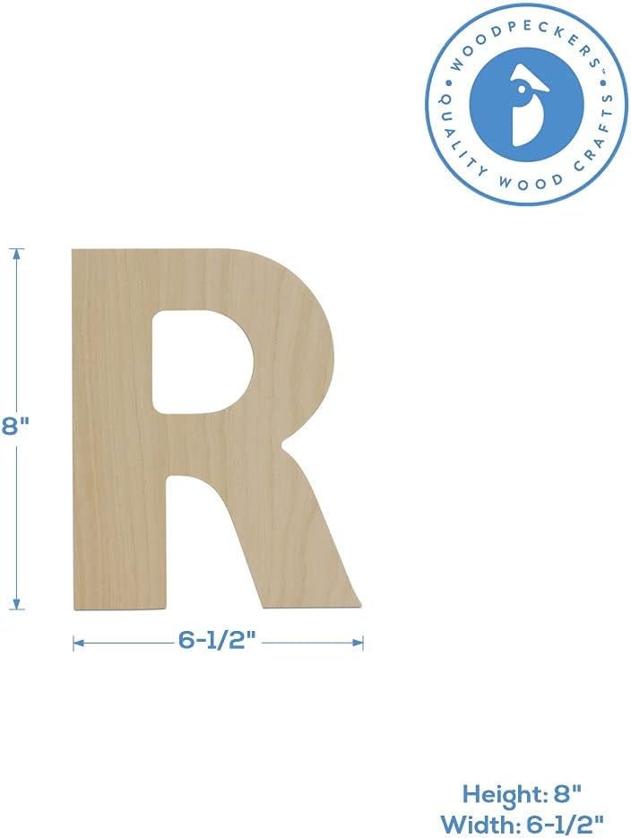 Wooden Letter R Cutouts 8", Wooden Letters for Wall Decor, Home Decor, Crafts, and Party Decorations by Woodpeckers