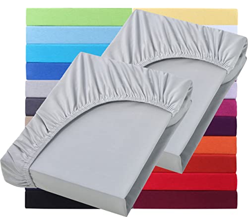 NatureMark Basic 2er Set Jersey Spannbettlaken 90 x 190 cm - 100 x 200 cm - 25 cm Steg - 100x200cm Spannbetttuch - 100% Baumwolle, Silber/Hellgrau