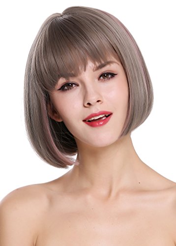 WIG ME UP ® - D3067-8A/10A/612 Perruque dame carré court lisse frange gris brun rose mélange