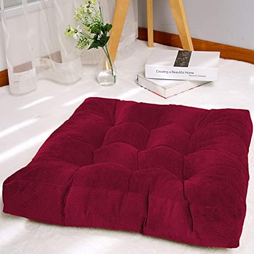 bilkoivn Square Meditation Pillow for Seating on Floor, Solid Thicken Futon Pillow Seat Tatami Floor Cushion for Yoga Corduroy Chair Pad Adults & Kids, 22x22 Inch (Wine Red)