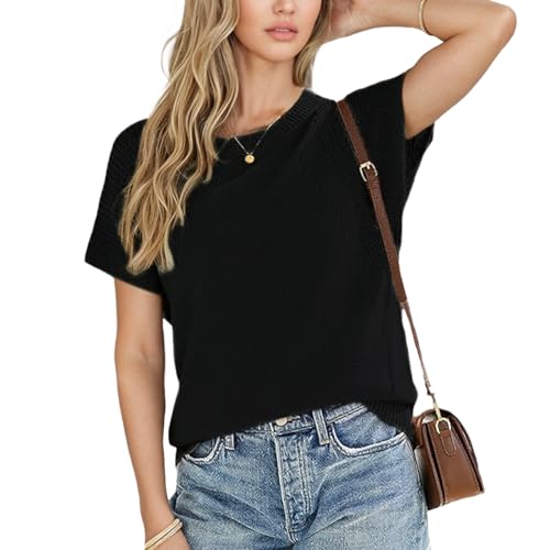 Image of Women's Short Sleeve Top Crew Neck Pullover Trendy Casual Knit Sweater Lightweight Crochet Tops