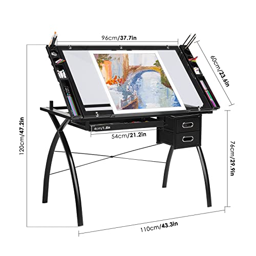 Itusut Drafting Table For Artists, Height Adjustable Drawing Desk With Tempered Glass Tabletop, Art Desk Study Table With Storage Drawers And Tray, Craft Station With Sturdy Metal Frame, Black #TOP2