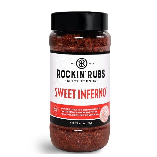 Sweet Inferno Seasoning and Rub | Smoky Sweet Dry Rub Spices for Salmon, Hamburgers, Steak, Chicken, Pork, Brisket, Ribs and Veggies | Rockin' Rubs, 4.5 oz