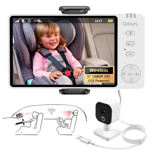 GdoyrL Wireless Baby Car Camera Monitor 5" HD 1080P IPS, 360° Rotating Camera with Auto/Manual Night Vision, 1000ft Range, Anti-Glare Display & USB Charging for Backseat, Home, Travel，Camping