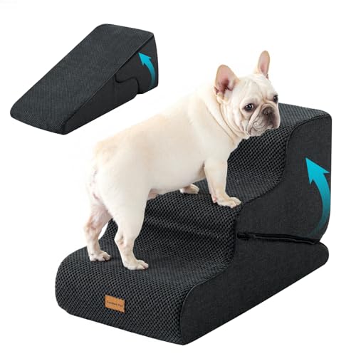 Gardner Pet Scala per Cani Piccoli 35/42cm, 3 Gradini, Rampina in Schiuma con Rivestimento Antiscivolo e Impermeabile per Letto, Divano e Auto, Grigio scuro