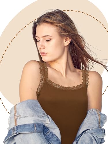 Image of Hicarer 6 Pieces Lace Camisole Tank Tops Lace Trim Camisole Straps Womens Cami Undershirt Ribbed Tank Tops for Women