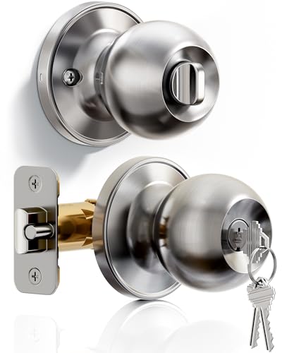 Veise Keyed Entry Door Knob, Bedroom Door Lock with Keys, Heavy-Duty Rust-Proof Construction, Door Handle for Exterior Interior Security, Easy to Install, Brushed Nickel