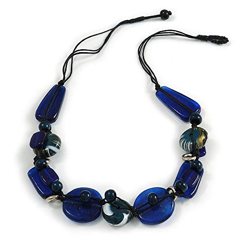 Avalaya Collier plastron en céramique avec cordon en coton noir Bleu 60 cm, taille unique, Bois Céramique Cordons bois