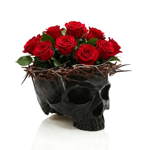 ehuoyan Skull Planter Pot with Removable Thorn Crown Skull Candy Bowl for Halloween Black