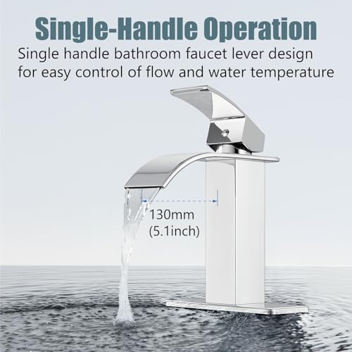 Aolemi Bathroom Faucet Single Handle 1 Hole Deck Mount Lavatory Vanity RV Sink Mixer Basin Tap with Cover Plate and Pop Up Drain Assembly, Polish Chrome, Waterfall Spout by Aolemi - Image 4