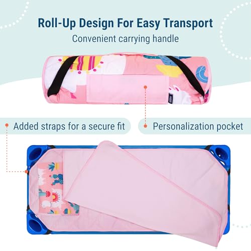 Image of Wildkin Modern Kids Nap Mat with Pillow for Girls - Cotton Blend, Elastic Straps, Toddler Sleep Mat for Daycare, Preschool, Kindergarten & Travel, Ages 3-7, Machine Washable - Llamas and Cactus Pink