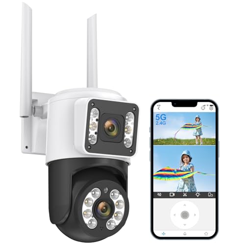 5MP Outdoor Security Camera Dual Lens, 2.4Ghz WIFI Camera for Home Security, 360°PTZ Surveillance Camera with Motion Detection Tracking/Siren/2-Way Audio/Color Night Vision/Spotlight/Waterproof