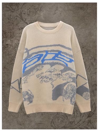 Image of BEAUDRM Women's Plus Size Graphic Long Sleeve Sweater Vintage Y2k Round Neck Loose Knit Top Apricot 3XL