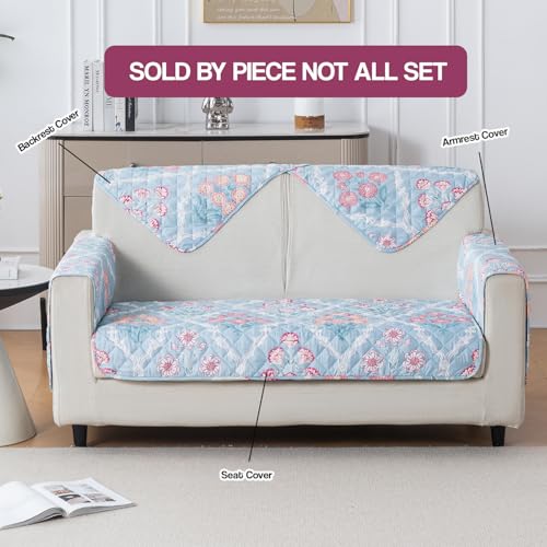 Image of House of Quirk 'Mughal Series' Printed Quilted Sofa Cover for 1 /2 /3 /4 Seater - Anti-Slip, Washable Couch Protector Slipcover (Three Seater, Gulshan Sky, 80x150 cm)
