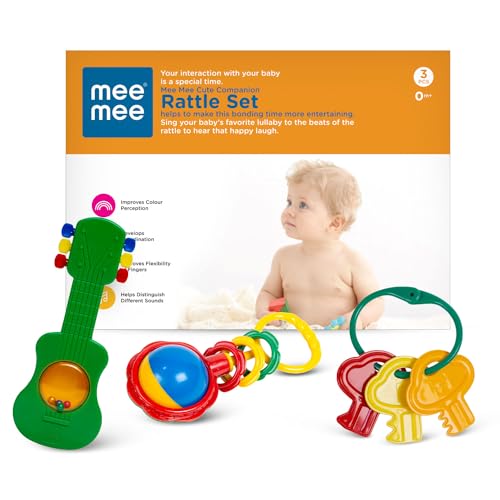 Mee Mee BPA Free Baby Rattles Set, Rattle Gift Set, Made of Food Grade Plastic, Grab Rattles and Soothing Teethers for Babies & Infants, Early Age Toys for Kids (Pack of 3, Multicolor)