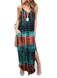 HUSKARY Women's Summer Maxi Dress 2025 Casual Boho Sleeveless Spaghetti Strap Tank Long Beach Sun Dresses with Pockets Tiedye Cyan Medium