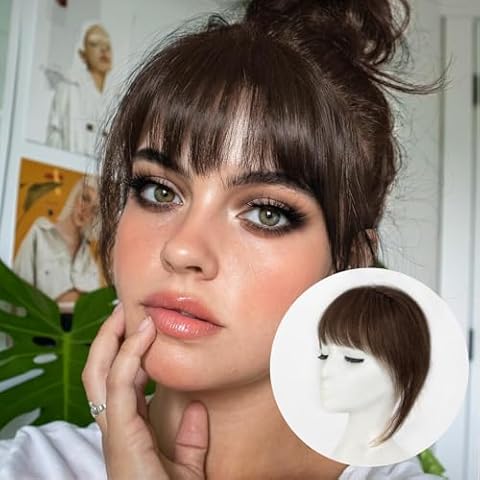 ALXNAN Clip in Bangs, Fake Bangs Hair Clip in Hair Extensions Real Human Hair Brown Clip on Bangs Hairpieces for Women Daily Wear Cover