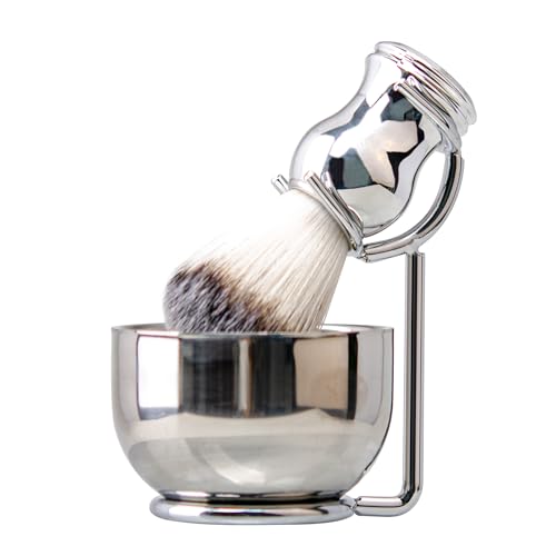 Grandslam Shaving Brush and Bowl Kit for Men, 3 in 1 Shaving Brush Set, Stainless Steel Shaving Bowl and Stand, Shaving Brush, Shaving Kit for Men, Silver