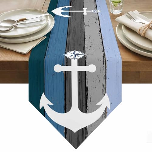 Table Runner 36 Inch Long Nautical Anchor Dresser Scarves Runner for Table Vintage Wood Grain Gray and Blue Decorative Runners for Holiday Gatherings, Dinner,Outdoor or Indoor Parties, 13x36 inch
