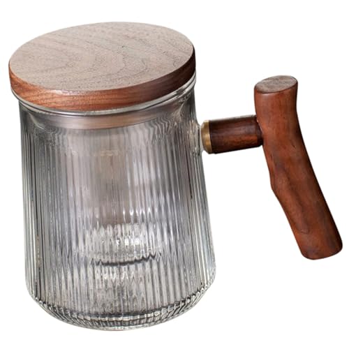 SOLUSTRE Glass Tea Cup Wooden Handle Infuser Lid Vertical Pattern Set of 2 for Tea and Milk