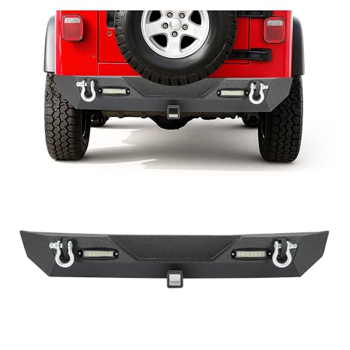 ECOTRIC Rear Bumper Compatible With 1987-2006 Jeep Wrangler YJ TJ w/ 2 LED Lights & 2