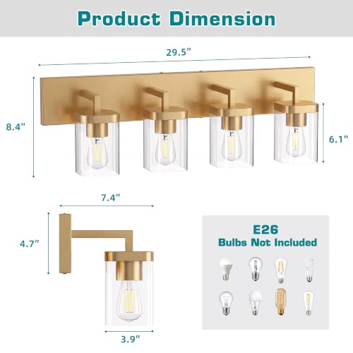 Image of Bathroom Lighting Fixtures Over Mirror, Square Design & Rectangle Large Backplate, 4 Lights Modern Vanity Lighting Fixtures, Bathroom Light Fixtures for Bathroom /Living Room /Bedroom, Gold