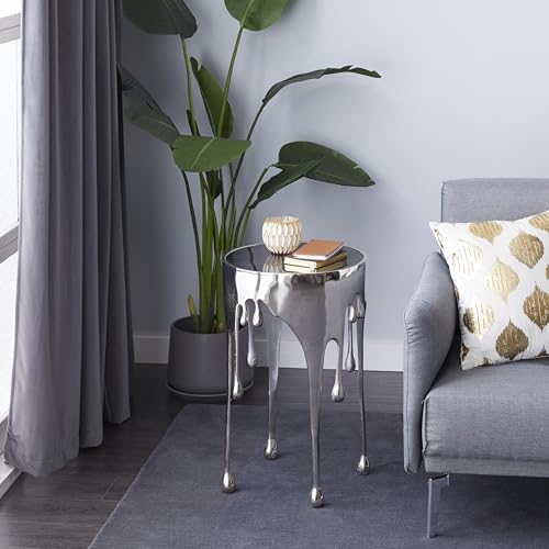 Image of Deco 79 Aluminum Metal Abstract Side Table 16 inch x 16 inch x 25 inch, Silver | Accent table, drip end table with melting designed legs and black glass top, unique end table, living room decor