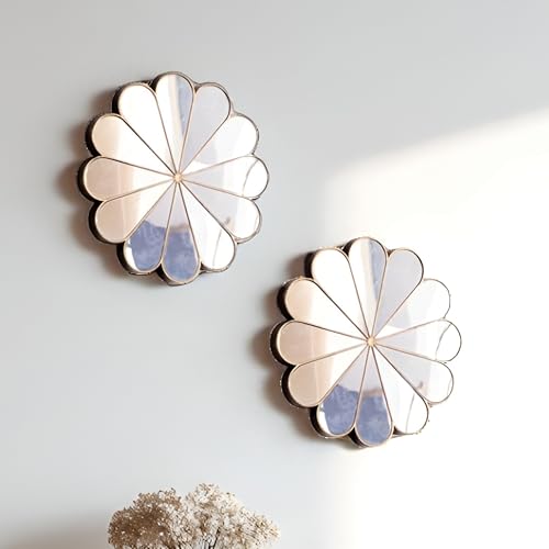 Image of Art Street Bronze Decorative Wall Mirrors 2 Piece Daisy Mirror Set, Floral Petal Design, Compact Size, Wall-Mount Ready, Accent Mirrors for Living Room, Bedroom, or Entryway 24x24 cm