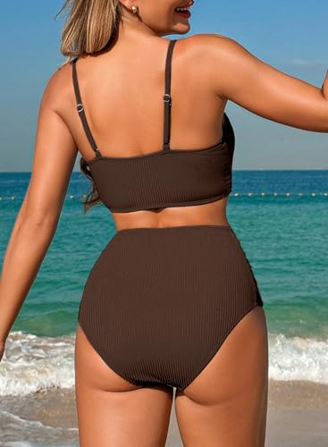 Herseas Women's Loop Straps Bikini Sets 2 Piece Shine Ribbed Swimsuits Ruched High Waisted Bathing Suits3