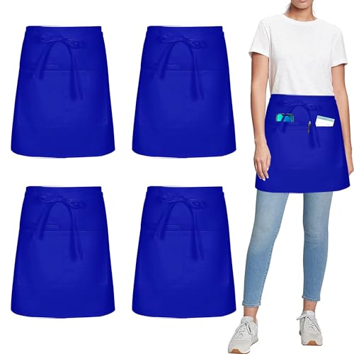 umboom 4 Stück Vorbinder Schürze, Blau Küchenschürze mit 3 Taschen, Kurz Koch Schürzen, Kellnerschürze Grillschürze Baristaschürze Taillenschürze für Herren Damen (Blau - Polybaumwolle)