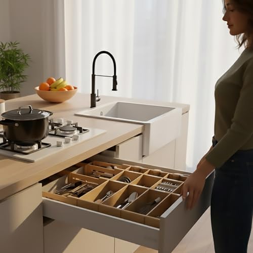 Miniatura 8 de Tidylo 4 Separadores De Cajones Ajustables De Bambu 40 56 Cm Altura 6 Cm Con 12 Divisores Y 30 Etiquetas Organizador De Cajones Cocina Extensible, Resistente Y Antideslizante