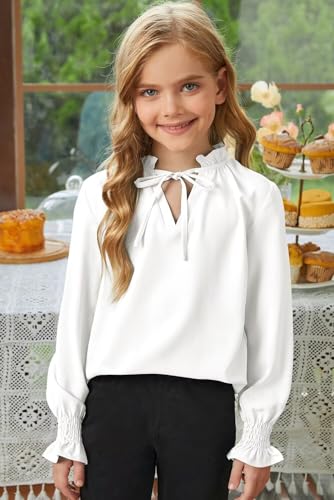 Girls Cute Long Sleeve Chiffon Blouses 2025 Casual V Neck Smocked Cuffs Shirts Tops 7-15 Years3