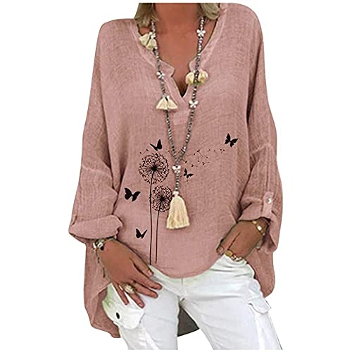 XIAOBUDIAN Langarmshirt Damen Hemd Baumwolle und Leinen Tops Sexy Sweatshirt Loose Tunika Shirt Bluse Elegant Chic Bluse V-Ausschnitt Frühling Sommer Cover