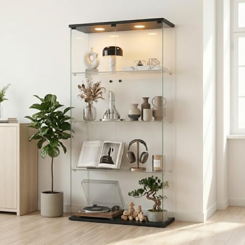 Glasvitrine mit LED-Beleuchtung, Vierstöckige Standvitrine mit Doppeltüren, Sammlervitrine – abschließbar, Vitrinenschrank für Wohnzimmer, Büros, Esszimmer und Schlafzimmer, Vitrine glas (Schwarz)