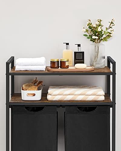 VASAGLE Laundry Basket, Laundry Hamper, Laundry Sorter with 2 Pull-Out and Removable Bags, 2 Storage Shelves, 46L Capacity per Bag, for Bathroom, Laundry Room, Rustic Brown and Black BLH211B01