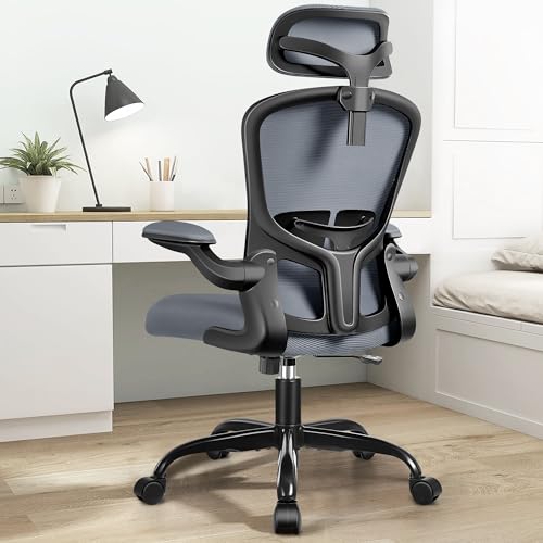 FelixKing Office Desk Chairs, Ergonomic PC Desk Chair with Wheels, Adjustable Lumbar Support and Height, Swivel Computer Chair with Flip-up Armrests, Ergo Mesh Backrest for Working (Dark Gray)