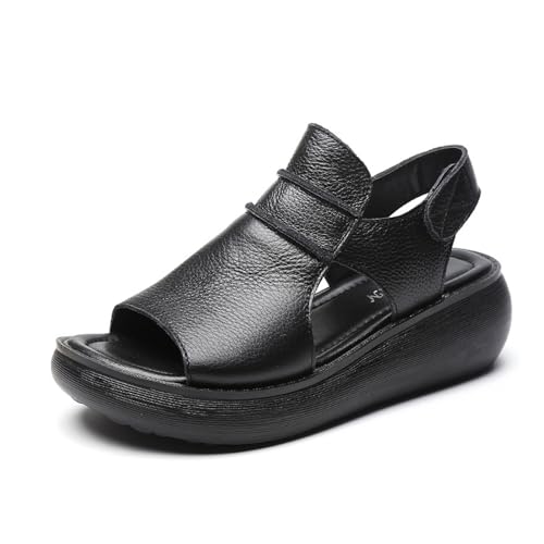 Women's Hook Loop Slingback Wedge Platform Sandals,Comfortable Soft Leather Roman Sandals Casual Peep Toe Slip on Walking Heeled Sandals