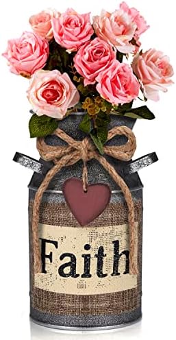 Belle Vous Rustic Metal Flower Vase - 10.5 x 19cm / 4.13 x 7.48 Inches - Faith Vintage Shabby Chic Farmhouse Milk Bucket - Primitive Decorative Pitcher Jug for Home/Wedding Decor & Garden Flowers