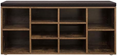VASAGLE Banco para Zapatos, Repisa para Zapatos, Armario de Almacenamiento, 10 Compartimentos, con Cojín, para Entrada, 104 x 30 x 48 cm, Marrón Rústico LHS10BX