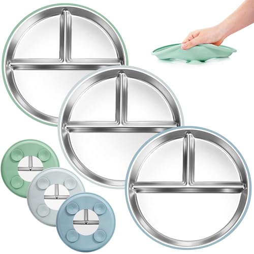Image of Bella's Friends Stainless Steel Toddler Plates Silicone Suction,3 Packs Non-Slip Baby Plates,Divided Portion,Food-Grade Silicone Plate for Kids,LEAD-FREE Dishwasher Safe, Green Blue Gray