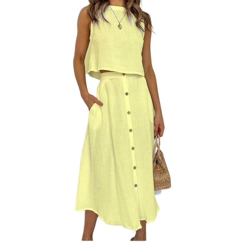 ZOCAVIA 2 Piece Cotton Linen Sets for Women Summer Casual Dress Outfits Sleeveless Pullover Tank Top Button Down Skirt Suits