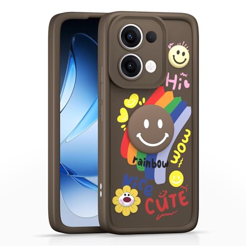 Image of Pikkme Back Cover for Oppo Reno 13 5G | Soft Silicone| Cute Rainbow Smile & 3D Cartoon Flower Design | Shockproof Raised Camera Protection Bumper Case (Brown)